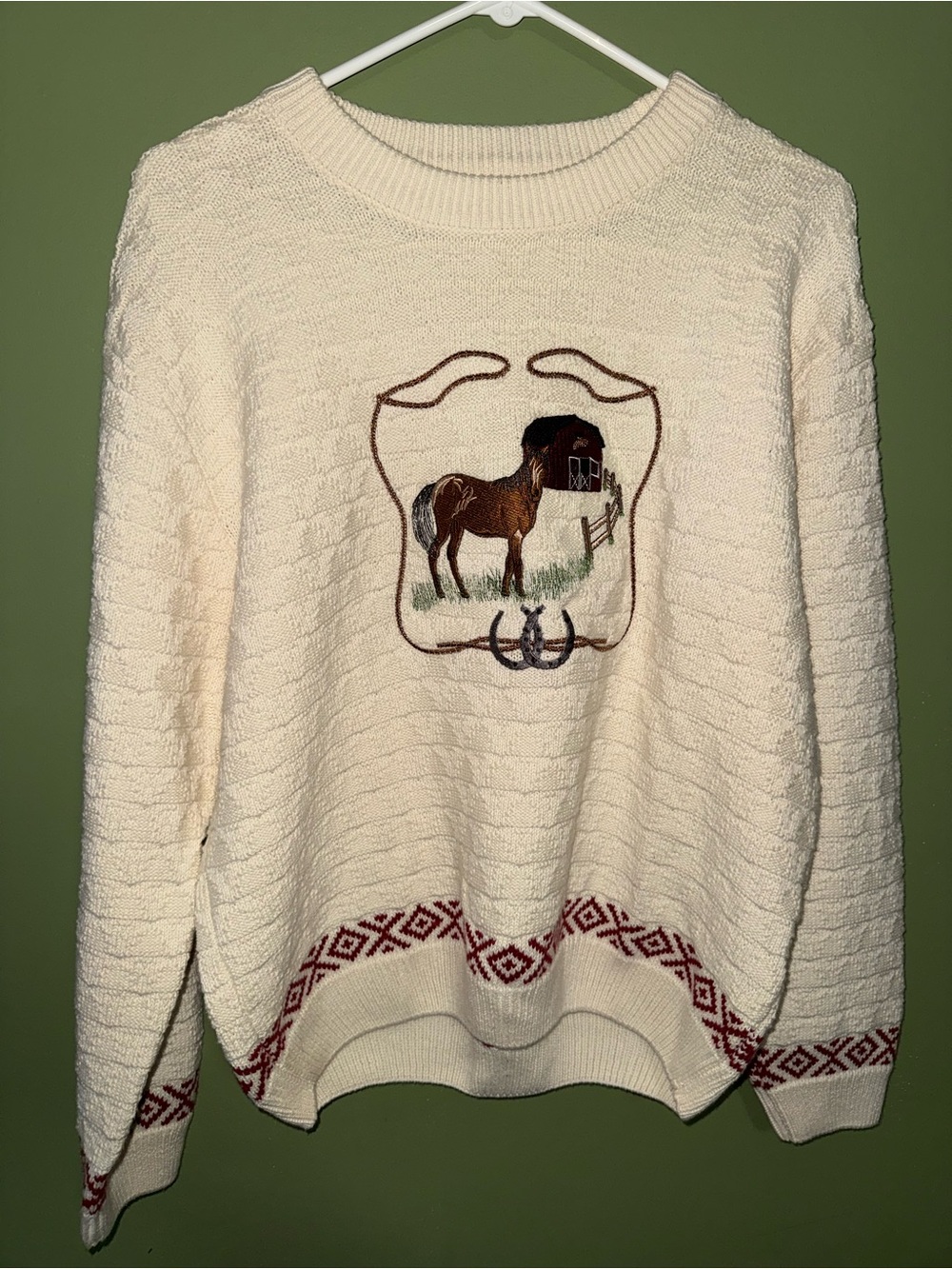 Cabela's Cream/offwhite Crewneck Sweater with Horse Embroidery and Red Trim VTG
